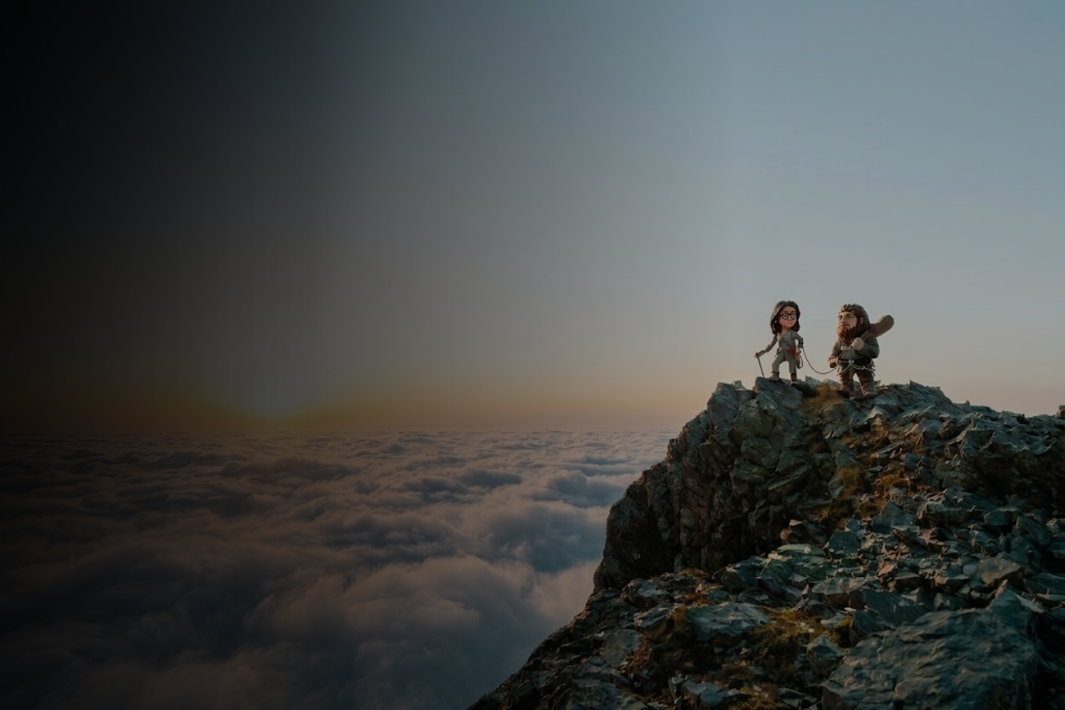 Compliance Expert and Compliance Caveman standing on a mountain ridge above the clouds.